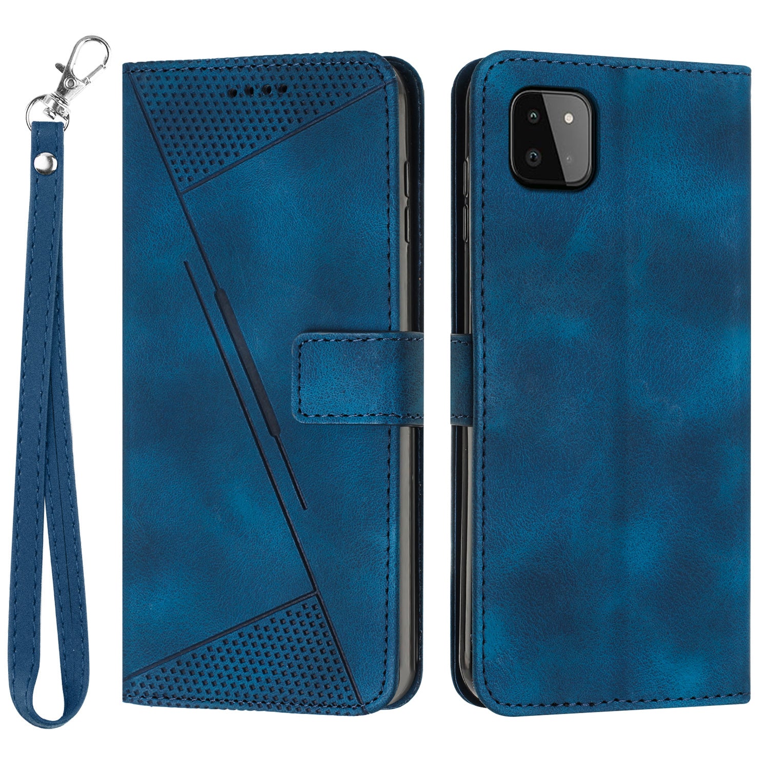 Anti-drop Phone Case for Samsung Galaxy A22 5G (EU Version) Triangle Imprint Leather Stand Wallet Cover with Strap Anti-drop Phone Case for Samsung Galaxy A22 5G (EU Version) Triangle Imprint Leather Stand Wallet Cover with Strap